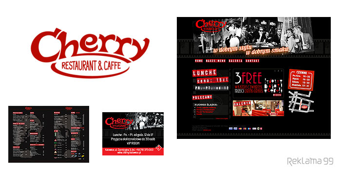 Cherry Restauracja Katowice - projekt logo, projekt graficzny strony internetowej, menu, wizytówki, zaproszenia