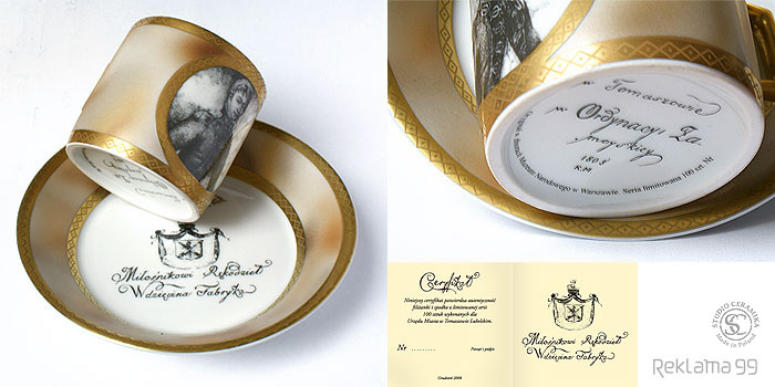 Kosak Modelarnia Ceramiczna - projekt i druk dekoracji metodą kalkomanii ceramicznej filiżanki dla Aleksandra Augusta Zamoyskiego wyprodukowanej w 1808 roku w Manufakturze Tomaszów