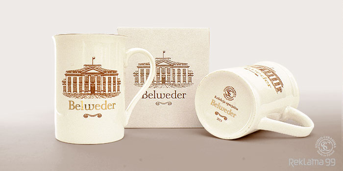 Kubek Belweder - proejkt graficzny rycina, druk kalkomianii ceramicznej, wyapał, opakowanie z nadrukiem, certyfikat